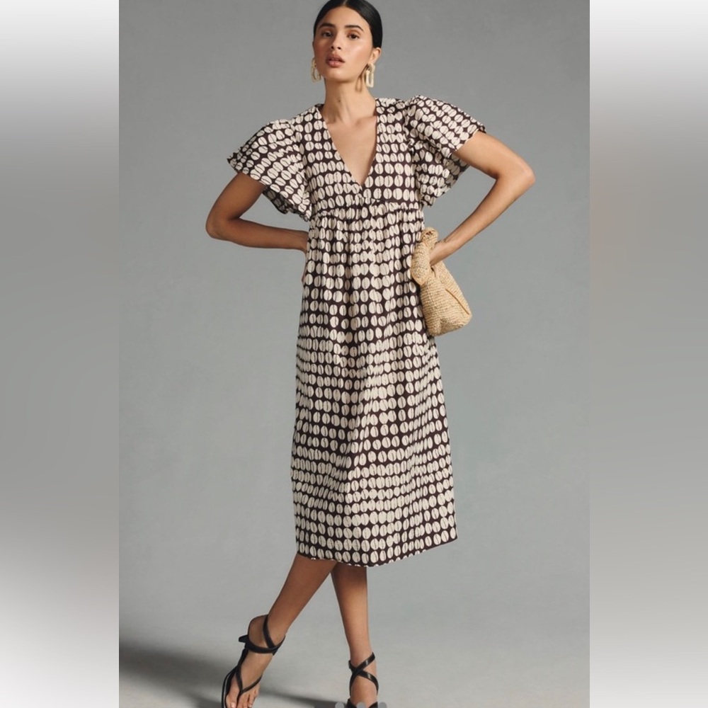 Anthropologie Mauve Printed Flutter sleeve dress coffee bean xxs